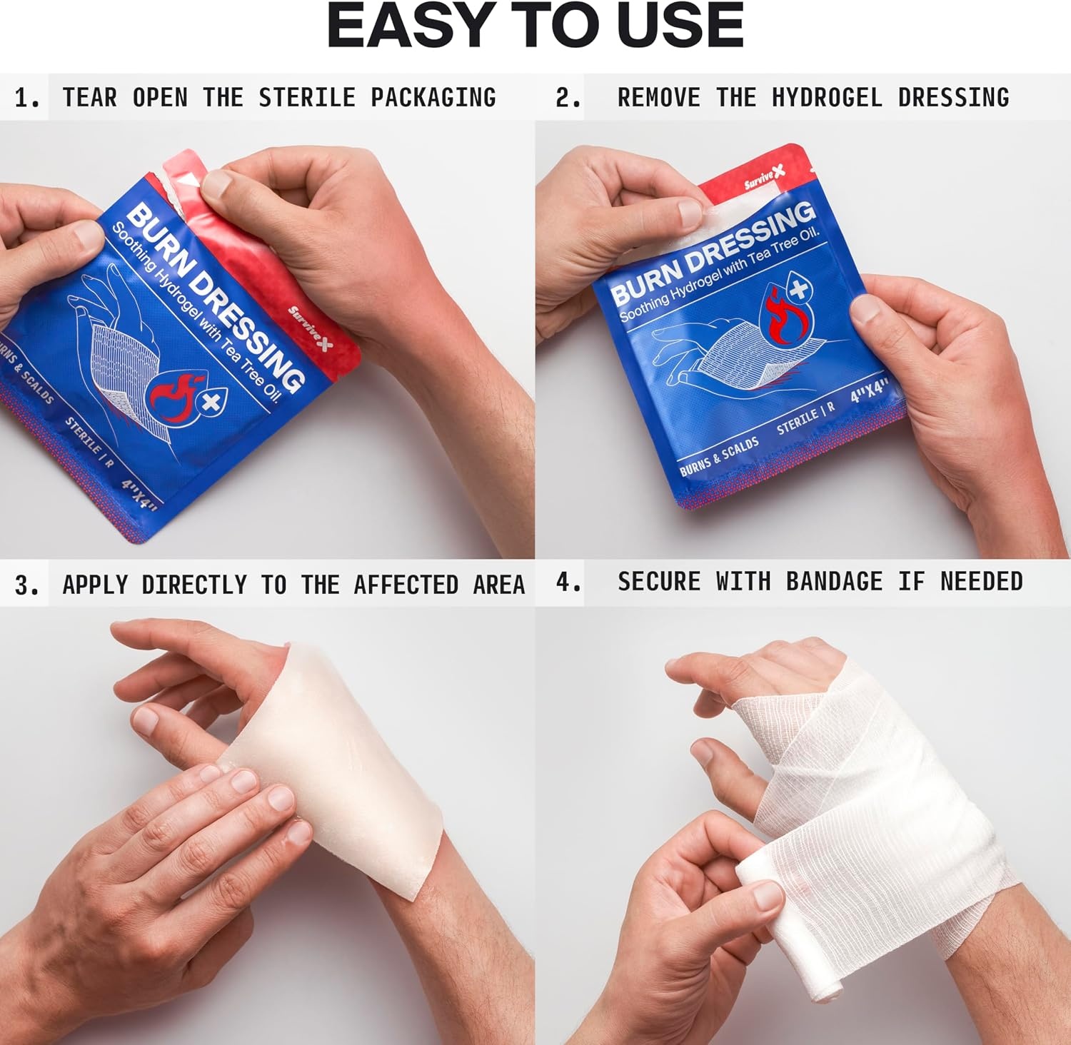 image:imageSurviveX Burn Dressing Kit with Tea Tree Oil Hydrogel Burn Pads Cooling Gels NonAdhesive Dressings amp Gauze Complete First Aid Accessory for Instant Cooling Soothing amp Burn ReliefKit
