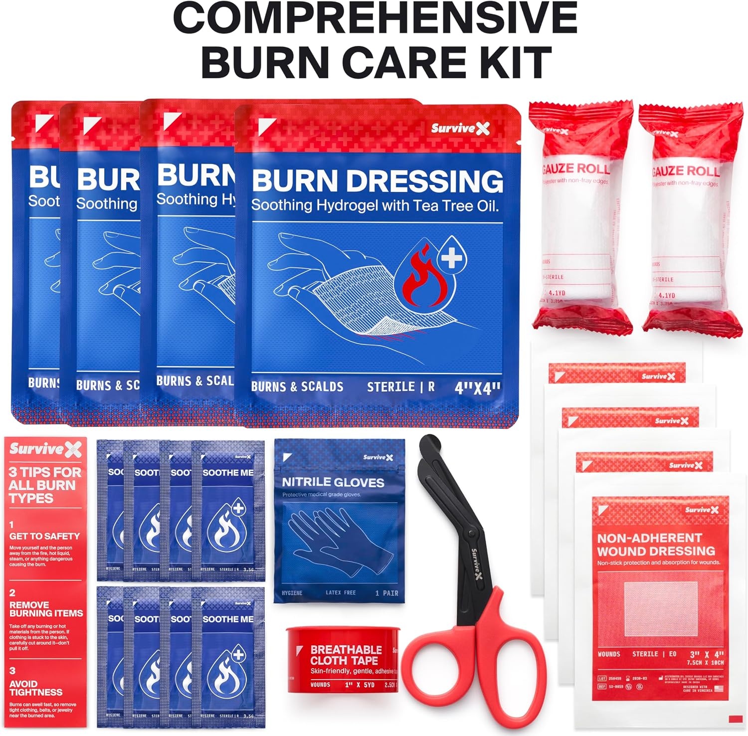 image:imageSurviveX Burn Dressing Kit with Tea Tree Oil Hydrogel Burn Pads Cooling Gels NonAdhesive Dressings amp Gauze Complete First Aid Accessory for Instant Cooling Soothing amp Burn ReliefKit