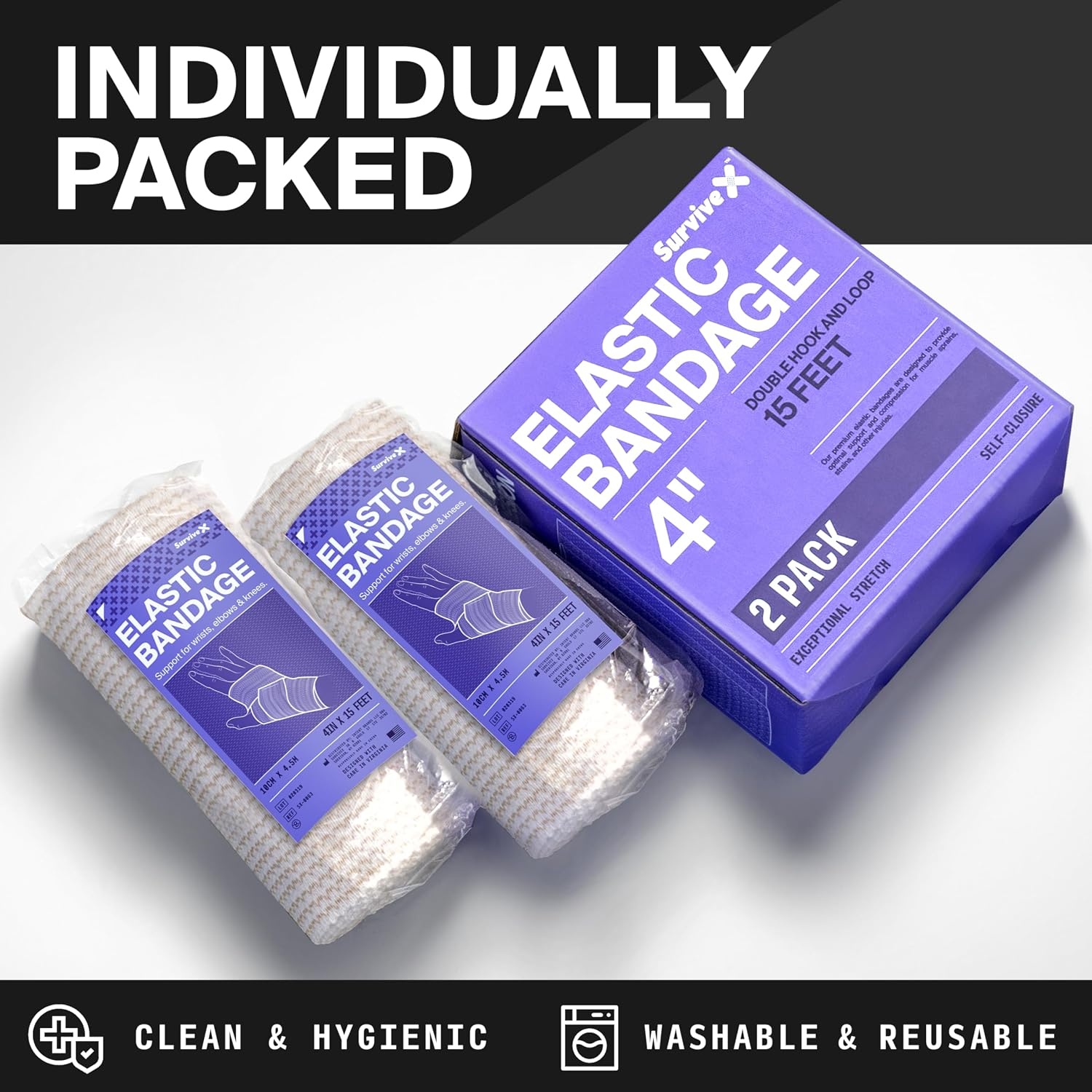 image:imageSurviveX HighPerformance Elastic Bandage Wrap Reusable Compression Bandage Wrap for Leg Ankle Wrist Knee Self Closing Design 4 Inch 2 Pack2 Pack
