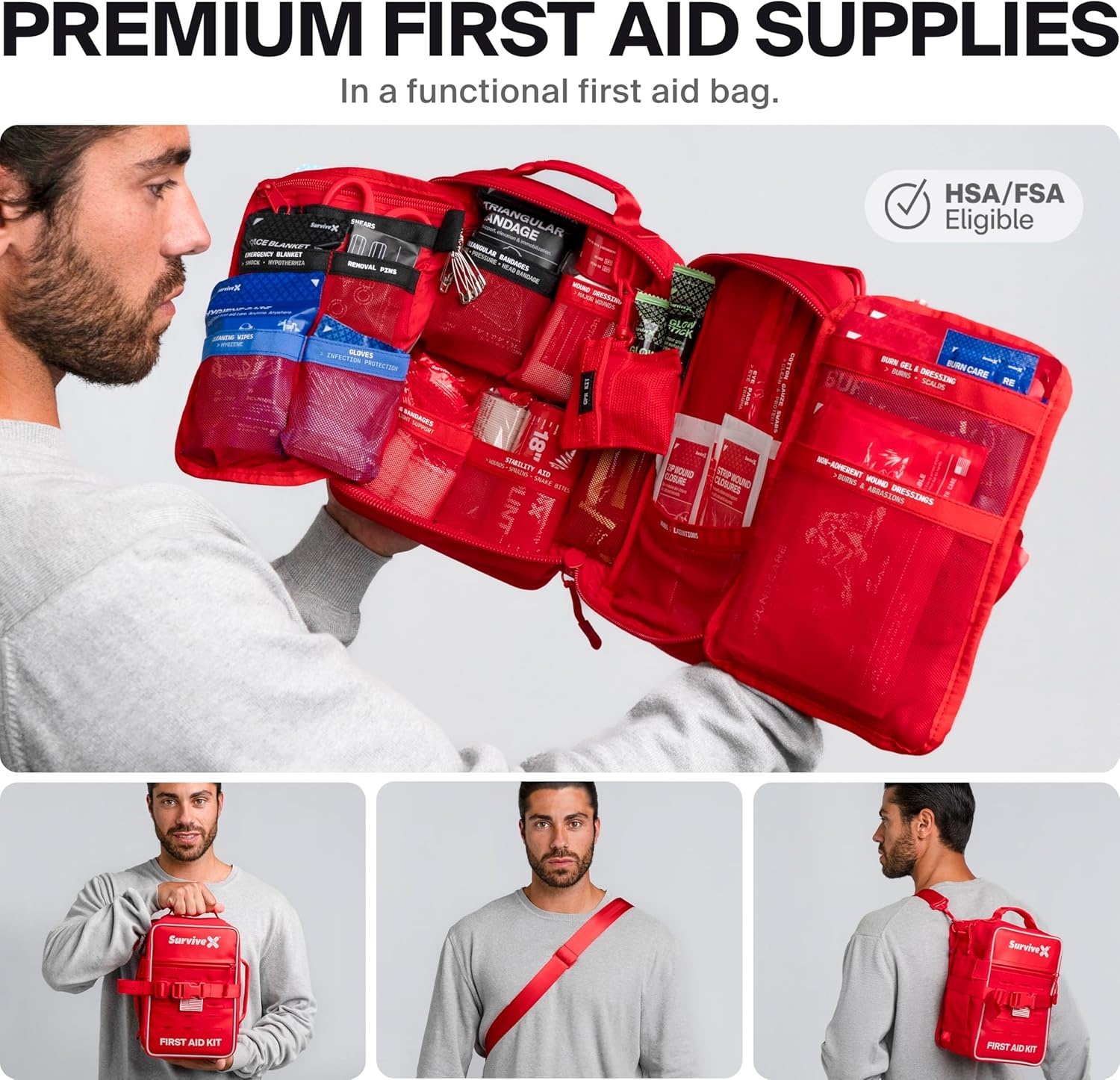 image:imageSurviveX Large Pro First Aid Kit for Car Travel amp Home Emergency Kit for Hiking Camping Backpacking and Outdoors Includes Zip Stitch Wound Closure Strips