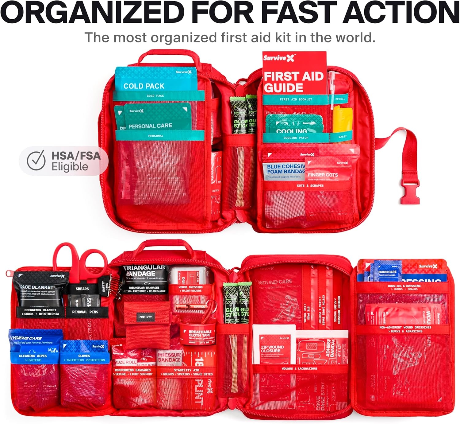 image:imageSurviveX Large Pro First Aid Kit for Car Travel amp Home Emergency Kit for Hiking Camping Backpacking and Outdoors Includes Zip Stitch Wound Closure Strips