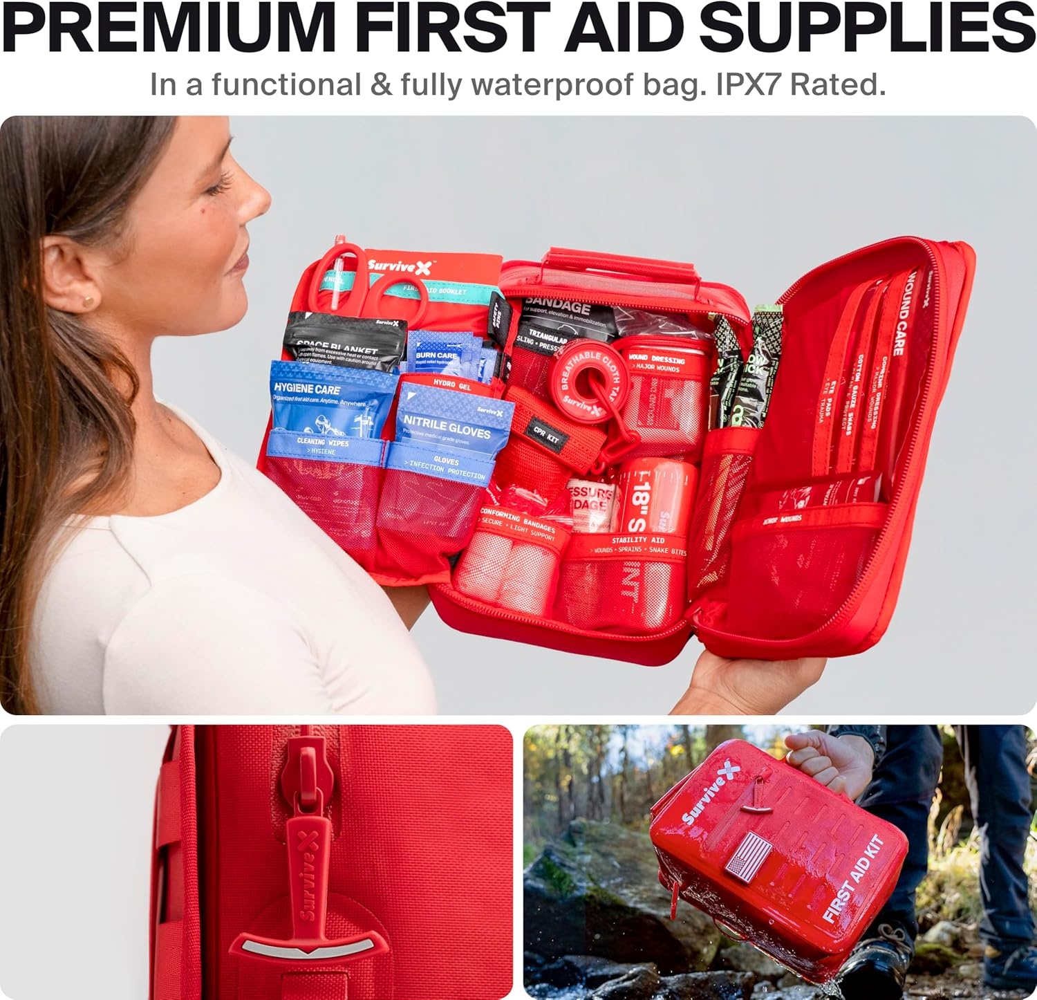 image:imageSurviveX Large Waterproof First Aid Kit for Car Travel amp Home Emergency Kit for Hiking Camping Backpacking and Outdoors Includes Zip Stitch Wound Closure Strips