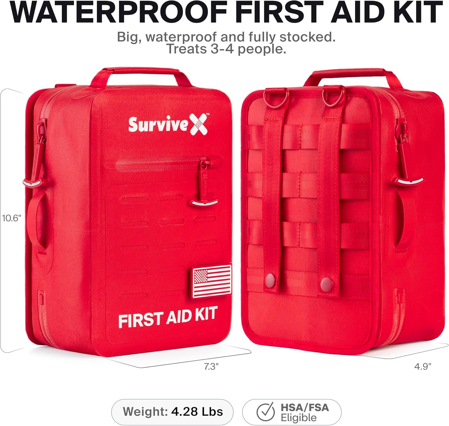 image:imageSurviveX Large Waterproof First Aid Kit for Car Travel amp Home Emergency Kit for Hiking Camping Backpacking and Outdoors Includes Zip Stitch Wound Closure Strips