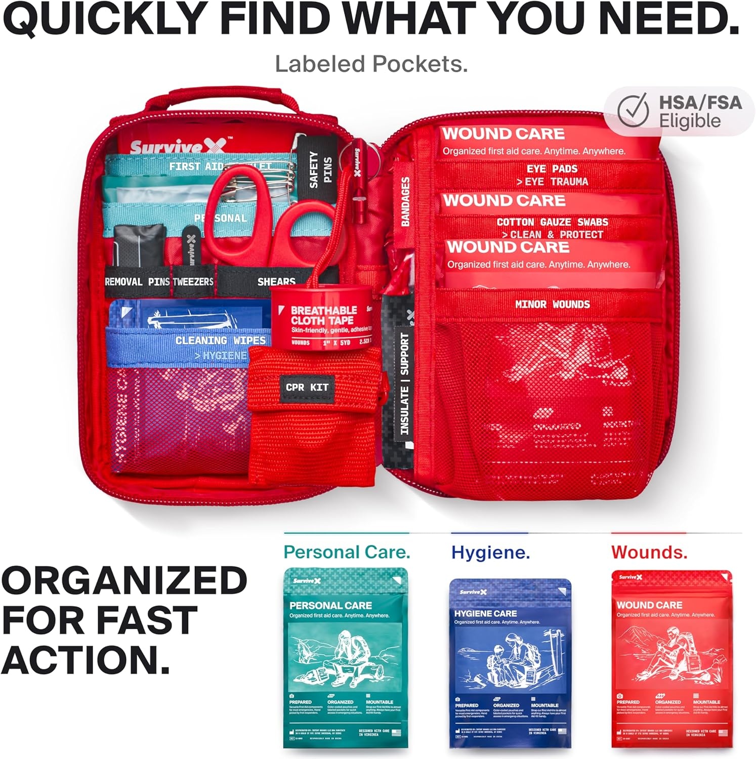 image:imageSurviveX Small First Aid Kit for Car Travel amp Home Emergency Kit for Hiking Camping Backpacking and Outdoors Includes Zip Stitch Wound Closure Strips