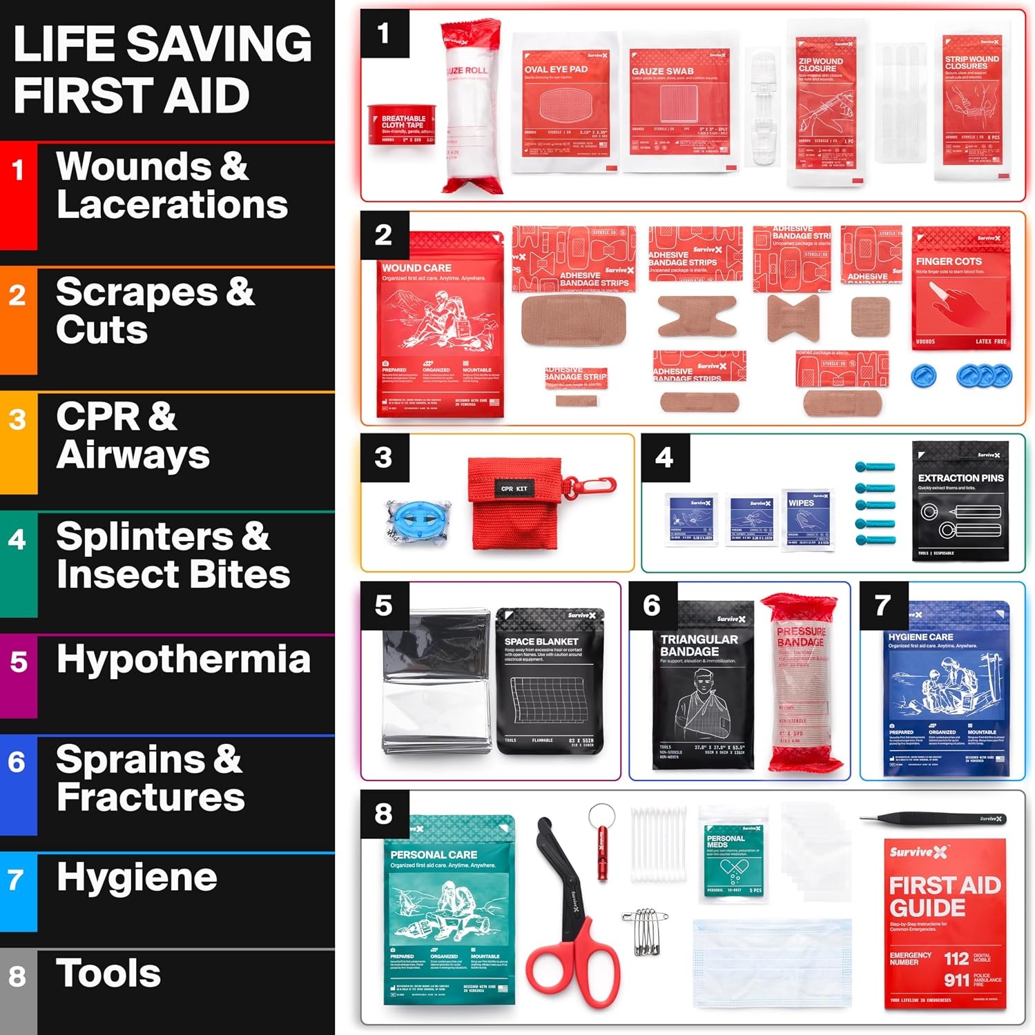 image:imageSurviveX Small First Aid Kit for Car Travel amp Home Emergency Kit for Hiking Camping Backpacking and Outdoors Includes Zip Stitch Wound Closure Strips