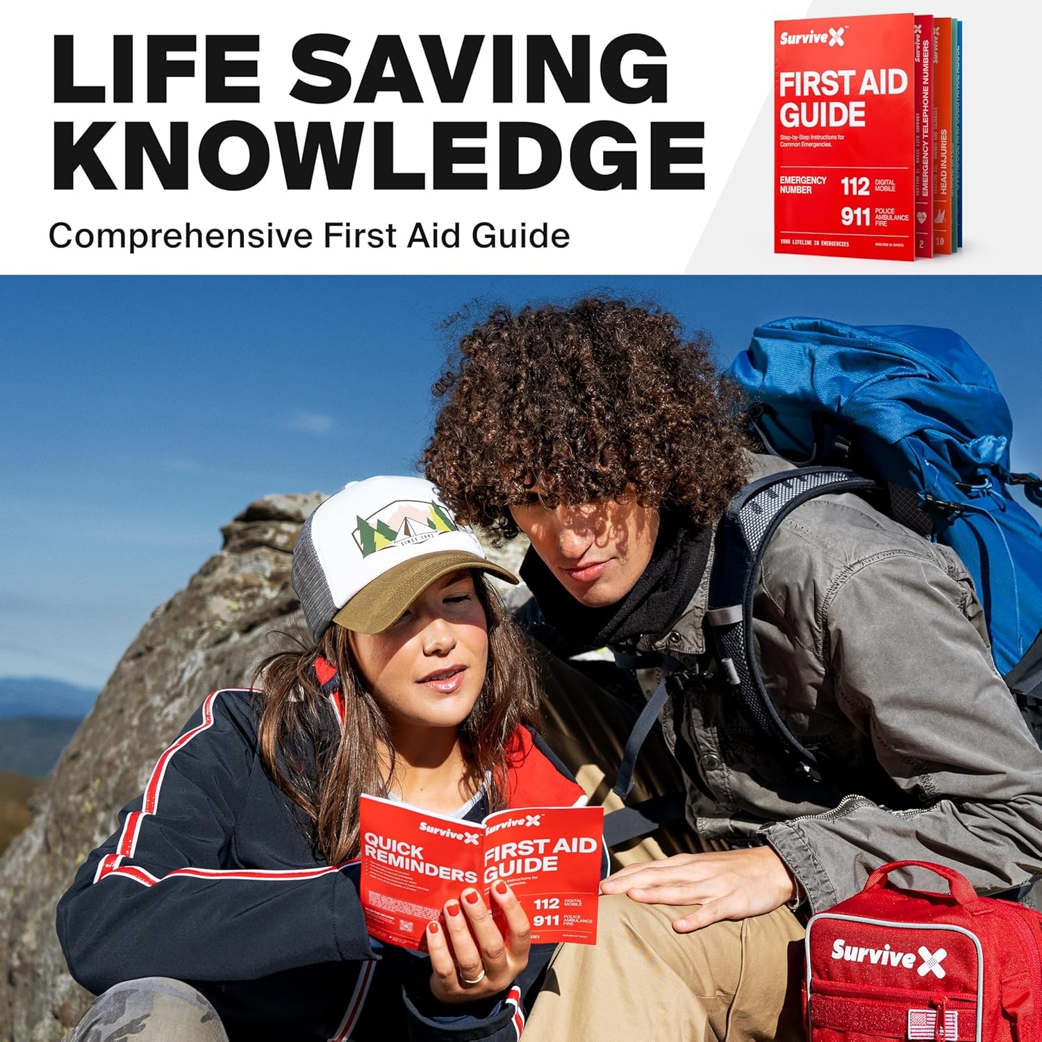 image:imageSurviveX Small First Aid Kit for Car Travel amp Home Emergency Kit for Hiking Camping Backpacking and Outdoors Includes Zip Stitch Wound Closure Strips