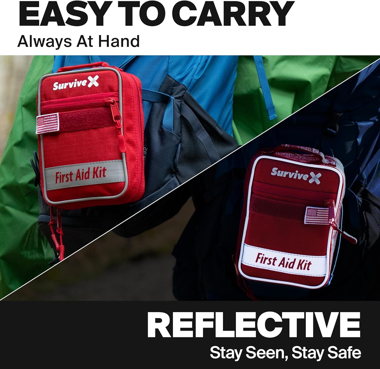 image:imageSurviveX Small First Aid Kit for Car Travel amp Home Emergency Kit for Hiking Camping Backpacking and Outdoors Includes Zip Stitch Wound Closure Strips