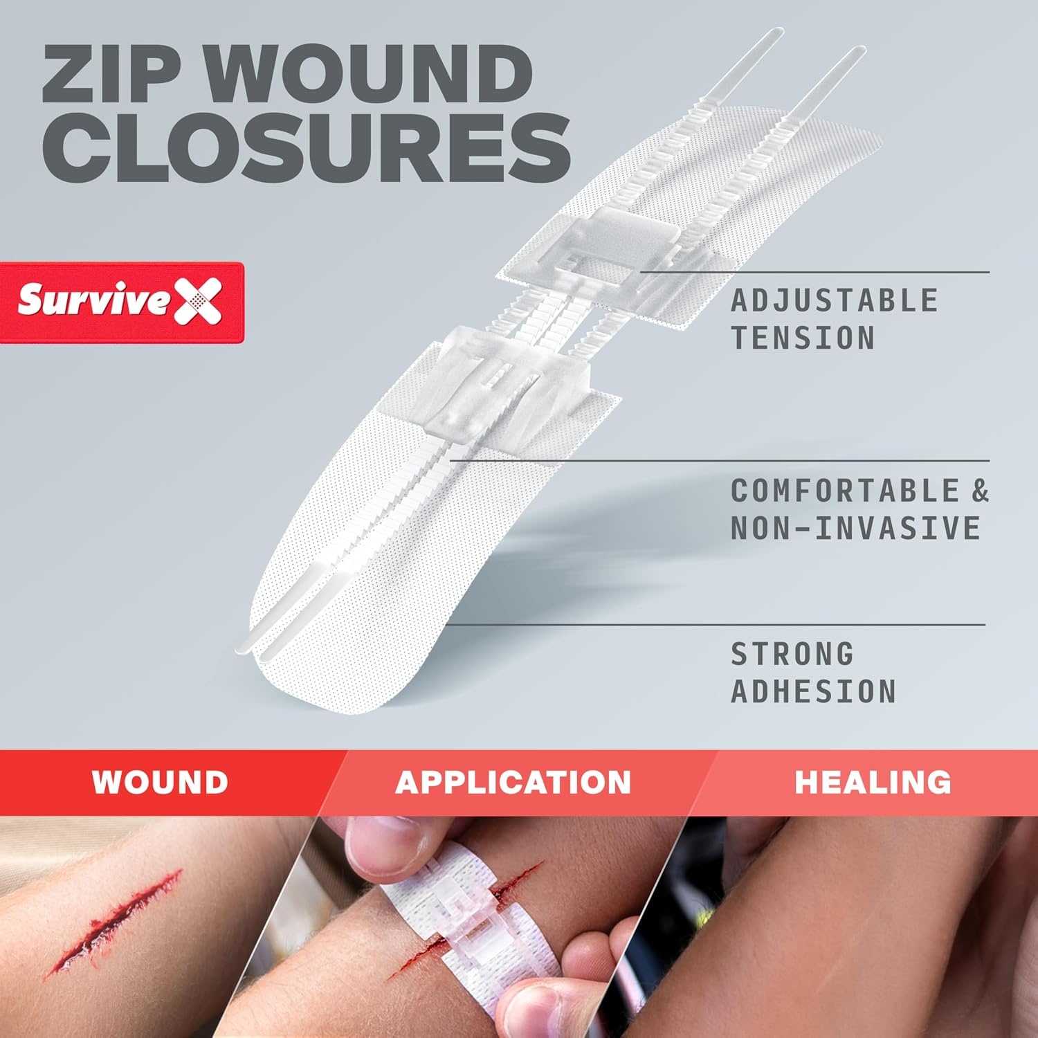 image:imageSurviveX Zip Stitch Wound Closure Strips First aid Kit Repair Wounds Without Stitches Zipstitch Sutures Laceration Closures 3 PCSKit