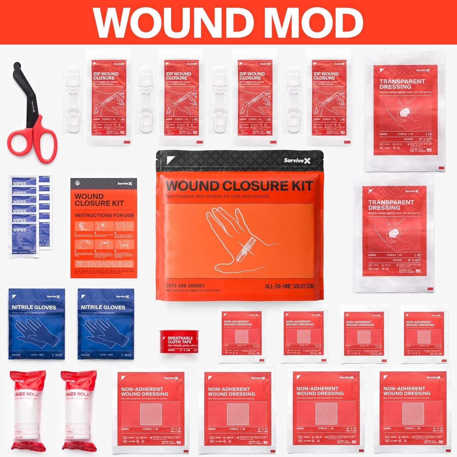 image:imageSurviveX Zip Stitch Wound Closure Strips First aid Kit Repair Wounds Without Stitches Zipstitch Sutures Laceration Closures 3 PCSKit