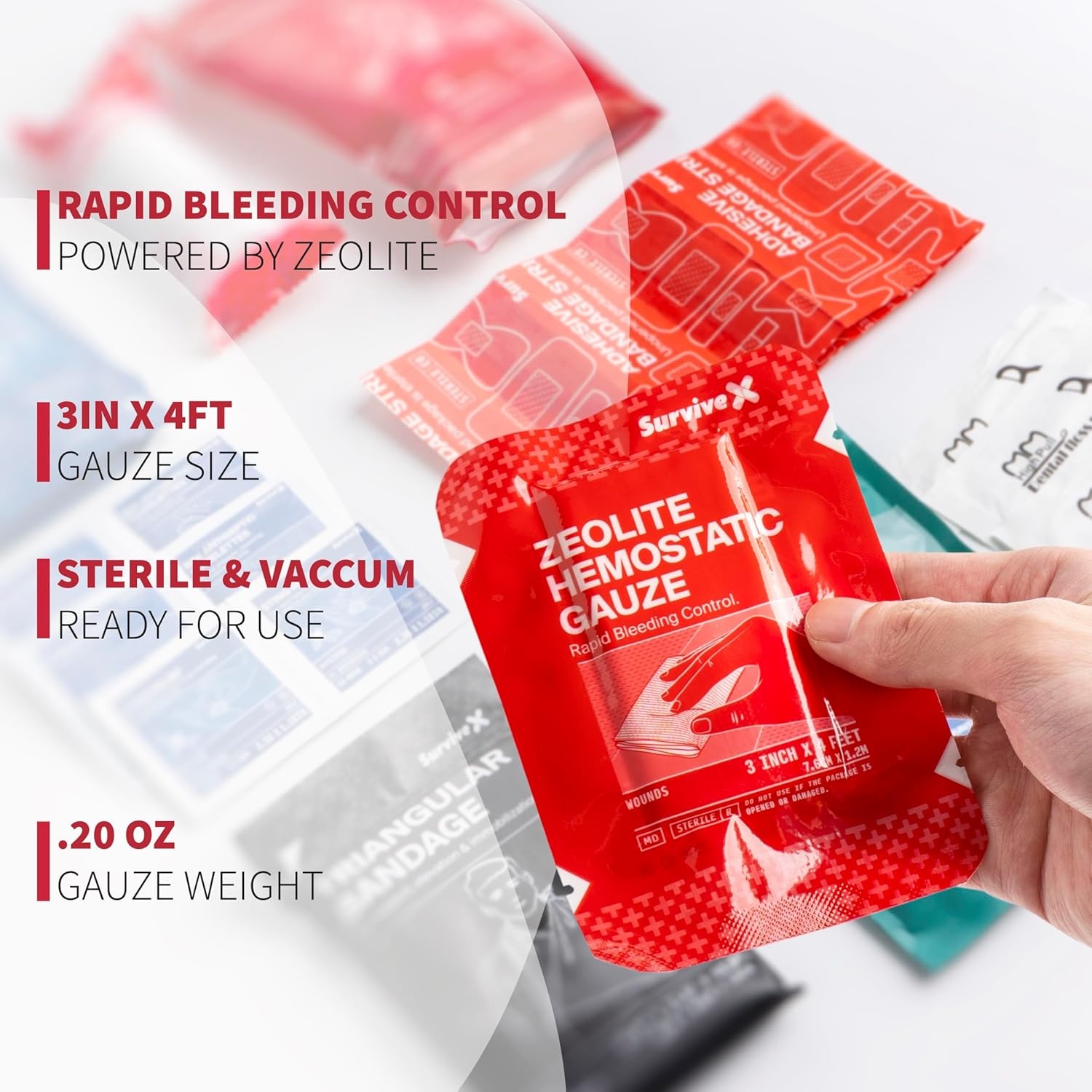 image:imageSurvivex Hemostatic Gauze Quick Blood Clotting Gauze for Wounds Trauma Kit Hemostatic Dressing 3 in x 4 FT 5 PCS5 Pack