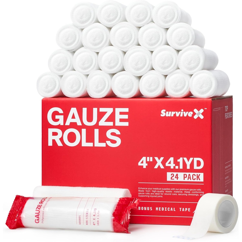 image:imageSurviveX 4 Stretch Gauze Roll Conforming Medical Bandage Wrap for Wound Care First Aid and Injury Dressing 10 Count24 Pack