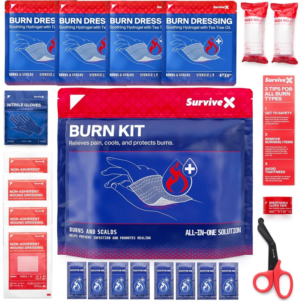 image:imageSurviveX Burn Dressing Kit with Tea Tree Oil Hydrogel Burn Pads Cooling Gels NonAdhesive Dressings amp Gauze Complete First Aid Accessory for Instant Cooling Soothing amp Burn ReliefKit