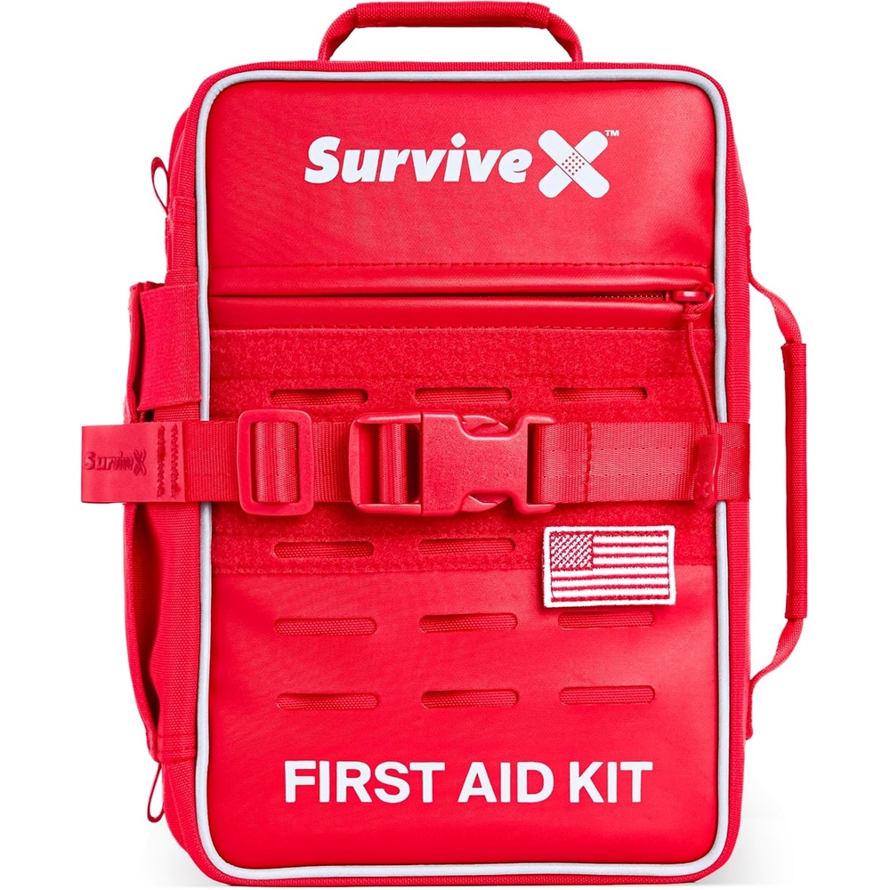 image:imageSurviveX Large Pro First Aid Kit for Car Travel amp Home Emergency Kit for Hiking Camping Backpacking and Outdoors Includes Zip Stitch Wound Closure Strips
