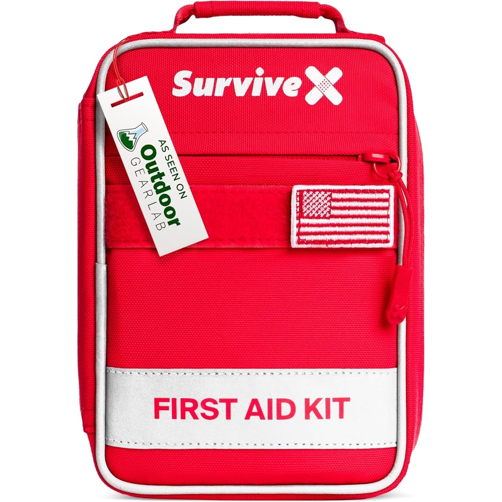 image:imageSurviveX Small First Aid Kit for Car Travel amp Home Emergency Kit for Hiking Camping Backpacking and Outdoors Includes Zip Stitch Wound Closure Strips